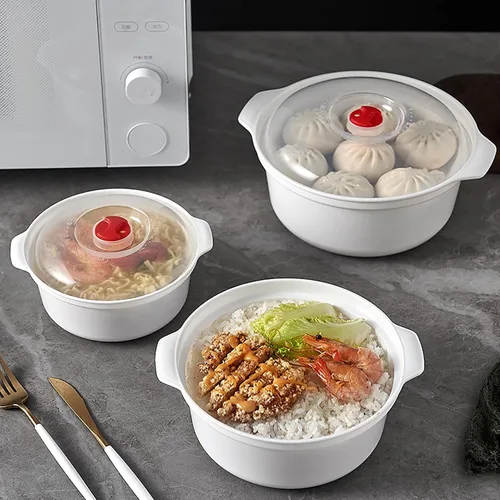 Vista 6 de Tazones para microondas de 3 piezas con tapas, aptos para microondas, platos aptos para microondas para calentar alimentos, artículos esenciales
