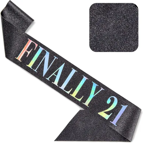CORRURE Faja de cumpleaños "Finally 21" con purpurina, banda negra con papel de aluminio multicolor, banda de cumpleaños 21 para hombres y mujeres