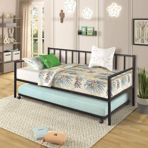Majnesvon Sofá cama de metal con nido, marco de cama de día de tamaño individual con nido extraíble, cama resistente para sala de estar, dormitorio