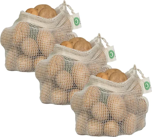 Vista 14 de Bolsas reutilizables de malla de algodón para productos – 100% algodón orgánico, duraderas, doble costura, lavables con peso de tara y cordón