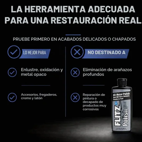 Vista 6 de Líquido Flitz para pulir metal, plástico y fibra de vidrio, Verde Limpiador y pulido de metales no abrasivos hechos en Estados Unidos. Restaura