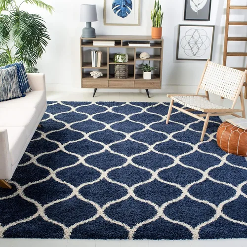 SAFAVIEH Hudson Shag Collection Alfombra - 10 x 14 pies, Azul marino y marfil, diseño marroquí Ogee Trellis, sin desprendimiento y fácil cuidado, 2