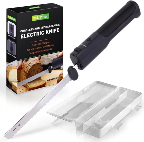 NutriChef Cuchillo Eléctrico Inalámbrico | Fácil de Usar Función de Seguridad Constante ENCENDIDO/APAGADO | Cuchillo de Cocina Liviano | Para Carvar