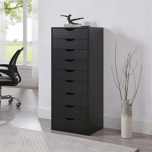 Naomi Home Bianca - Cómoda alta y estrecha de 9 cajones, gabinete de almacenamiento compacto de 13.8 pulgadas de ancho negro con cajones de