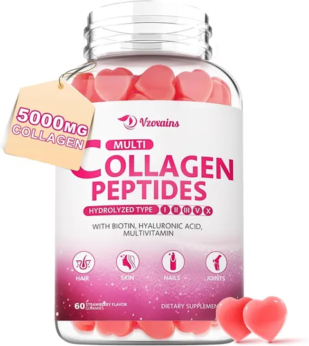 Gomitas de péptidos de colágeno múltiple, gomitas de colágeno para mujeres y hombres, proteína tipo I, II, III, V, X con biotina, ácido hialurónico,