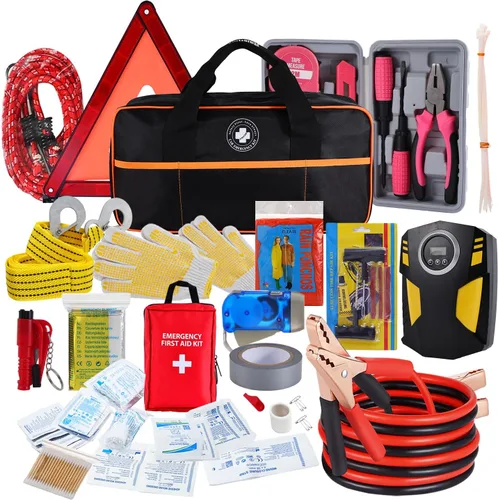 Kit de emergencia todo en uno para automóvil con inflador digital de neumáticos, cables de puente, correa de remolque, triángulo reflectante, kit de