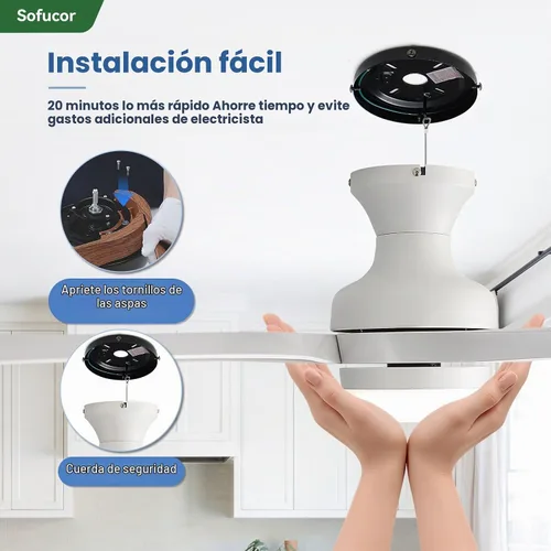 Vista 9 de Sofucor Ventiladores de techo inteligentes de 52 pulgadas con luces y Funciona con Alexa/Google, 5 cuchillas de ABS, moderno, silencioso y 3-Blanco
