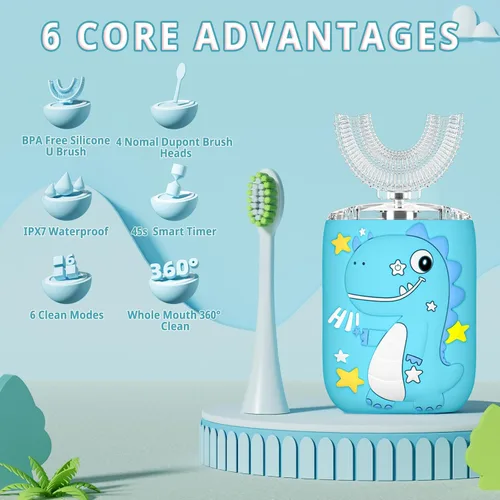 Vista 2 de Cepillo de dientes eléctrico en forma de U de dinosaurio para niños Azul (2-7)