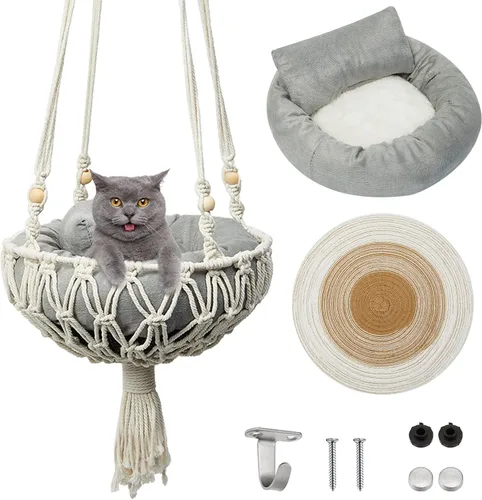 Hamaca de macramé para gatos, 3 piezas, incluye cama colgante para gatito, rascador de cama para gatos pequeños y perros pequeños (40 x 12 pulgadas,