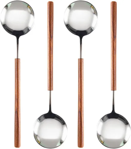 Vista 7 de Ouliget Cuchara de mango de madera retro, cucharadas de servir de acero inoxidable, cuchara de madera, cubiertos plateados con mango marrón, 4