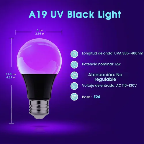 Vista 6 de Briignite Black Light Bulbs LED Black Light for Halloween Decoration 2 Pack Negro