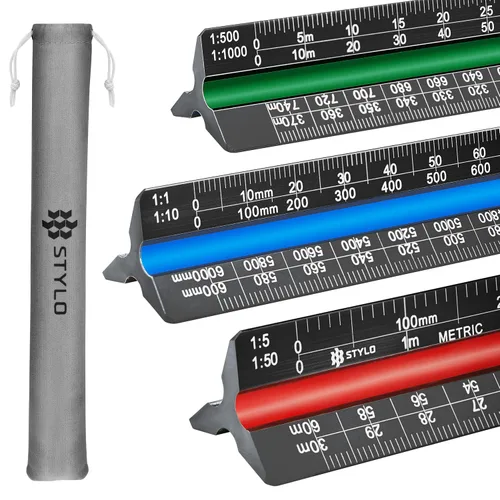 Vista 9 de Stylo Regla de escala de arquitecto de aluminio de 12" con grabado láser, regla triangular de dibujo, ranuras codificadas por color para planos Gris