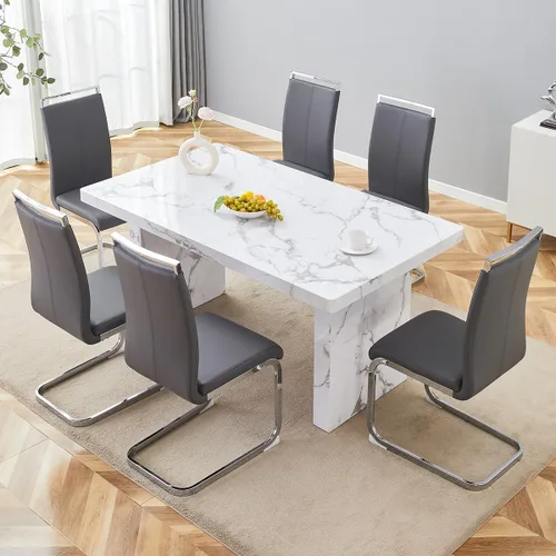 Vista 22 de gopop Juego de mesa de comedor de 7 piezas para 6, 63 pulgadas de mármol sintético Mesa blanca y silla negra