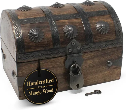 Nautical Cove Cofre del tesoro pirata hecho a mano para premios infantiles Caja de almacenamiento de madera hecha a mano para niños, cofre del