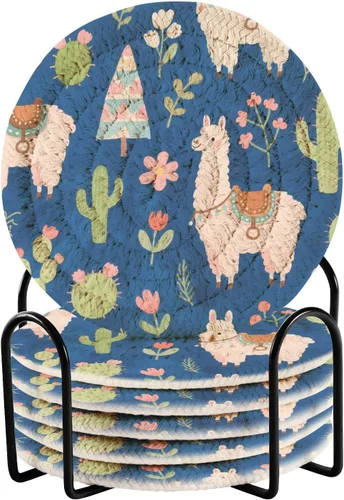Posavasos decorativos de alpaca vintage para mesa de madera, juego de 6 posavasos para mesa de madera con soporte, color azul oscuro