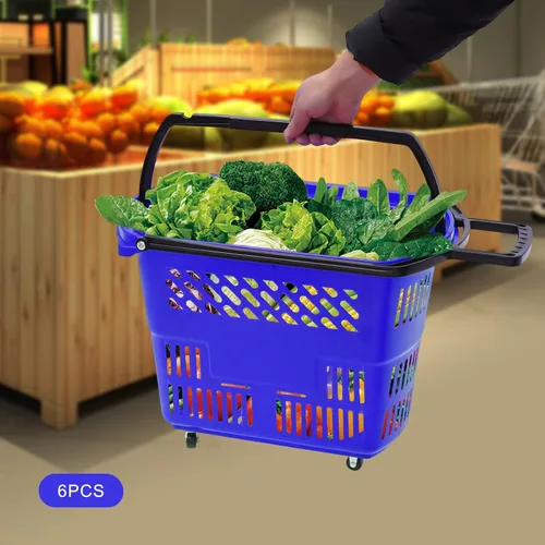 Vista 4 de Carritos de compras de plástico, 6 cestas de compras con ruedas, carrito de compras de 35 l con asas, cesta de compras portátil en supermercados