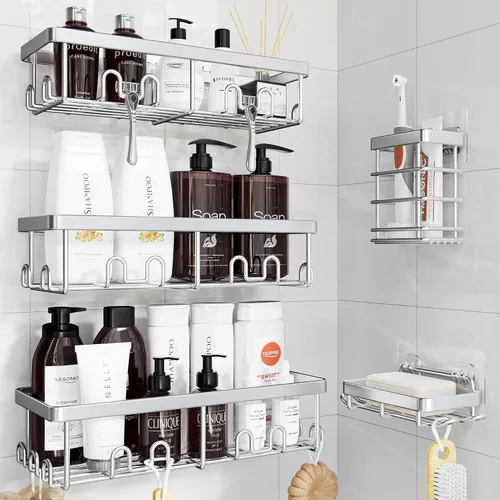 Vista 12 de YASONIC Shower Caddy Adhesive, Rustproof Shower Organizer, Wall Shower Rack Negro