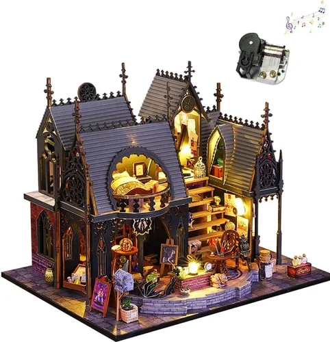 Rompecabezas de madera DIY modelo arquitectónico 3D Mini kit de muebles de casa de muñecas con música y luces LED, habitación creativa mejor para