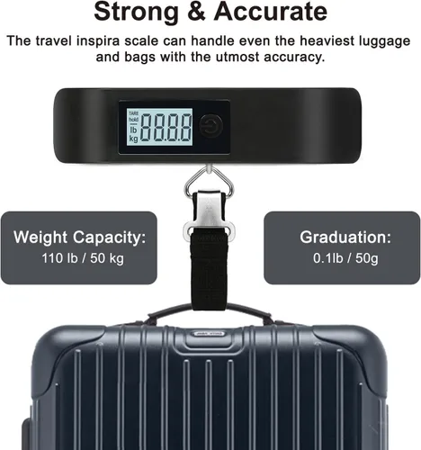 Vista 5 de Travel Inspira Báscula de equipaje, báscula digital de equipaje, báscula de equipaje con pantalla LCD retroiluminada, 110 libras110.2lbs, batería