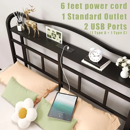 Vista 10 de SHOANED Base de cama de metal de 18 pulgadas, base de colchón básica de plataforma resistente de color negro con cabecera y estación de carga,