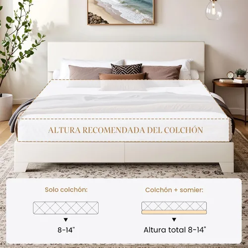 Vista 7 de SHA CERLIN Base de cama tamaño King con cabecera ajustable, plataforma tapizada de piel sintética con listones de madera, base de colchón estable