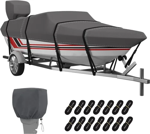 VINPATIO Cubierta para lancha de casco en V de 14 a 16 pies, Oxford teñido en solución 600D, 100% impermeable, resistente para lanchas de pesca gris