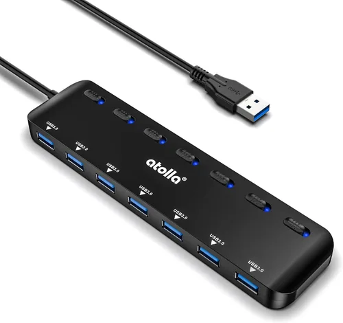 Vista 9 de Hub USB 3.0 de 4 puertos con interruptores individuales, expansor de datos ultradelgado de alta velocidad, divisor USB de 5 Gbps para laptop, PC