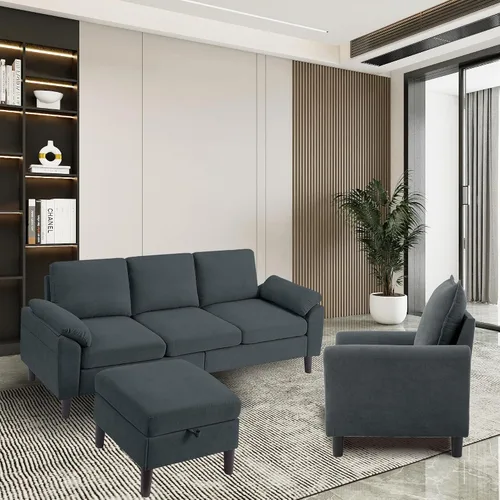 Vista 8 de Juego de sofás modulares de 3 piezas, sofás de 3 plazas en forma de L y sofá biplaza con sillón y otomana de almacenamiento para sala de estar Verde