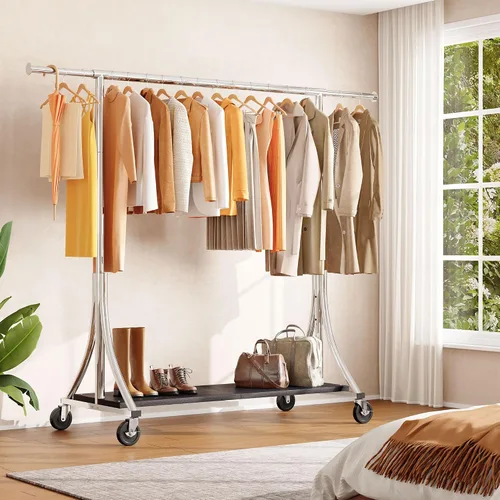 Vista 6 de HOKEEPER Perchero con estantes de madera, carga de 500 libras, altura Perchero de ropa con ruedas bloqueables, portátil, de madera, para dormitorio