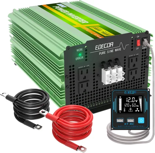 EDECOA - Inversor de corriente de onda sinusoidal pura de 3500 W, 12 V CC a 120 V CA | ETRC Remote Controller with LCD Display and Dual USB, 4 AC