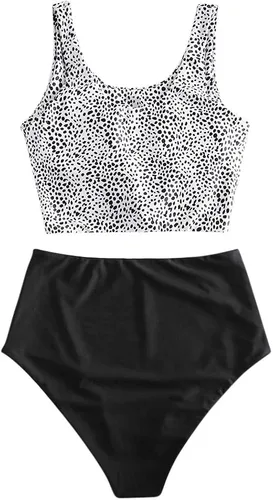 Vista 3 de ZAFUL - Traje de baño estilo bikini de dos piezas con cuello redondo y tiro alto para mujer