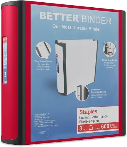 Vista 11 de Carpeta con anillos en forma de "D" de 1 pulgada para mejor visualización Staples, Negro Carpeta de 3 anillas diseñada para la organización