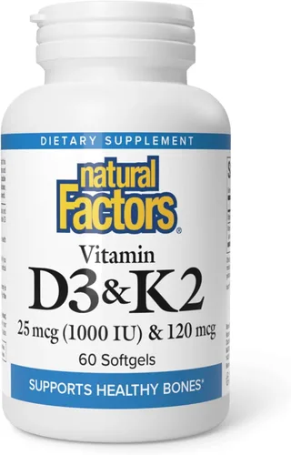 Natural Factors Vitamina D3 y K2 - Apoya la fuerza ósea y la salud del corazón* - 1000 UI D3 y 120 mcg K2 - Fórmula altamente biodisponible - 60