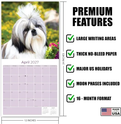 Vista 5 de Razas de Perros 2017 2026-2027 Calendar, Dog Lover Gift, Made in USA, Thick 100# No-Bleed Paper, Large Writing Blocks, 12x12, US Holidays Shih Tzu