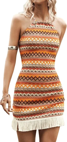 Vista 5 de Verdusa Mini vestido sin mangas con cuello halter a rayas con estampado de cheurón y dobladillo con flecos para mujer