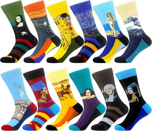 Vista 23 de WeciBor - 12 pares de calcetines de algodón peinado para hombre con diseños divertidos y locos, tamaño 7-10/10-13/13-15 Negro/Azul/Verde/Multicolor