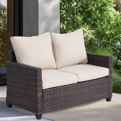 EortheX - Sofá biplaza de mimbre de ratán de 2 asientos, color beige, para jardín