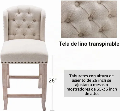 Vista 6 de LukeAlon Juego de 4 taburetes de lino con respaldo copetudo de 26 pulgadas Beige