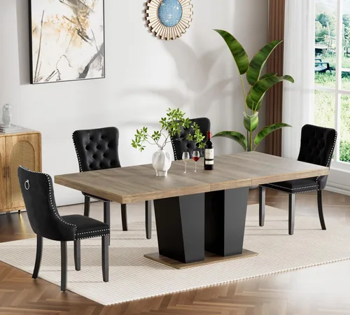 Henf Juego de mesa de comedor extensible de 5 piezas para 4, 63"-79" Mesa de cocina grande extensible con 4 sillas negras acolchadas, Juego de mesa